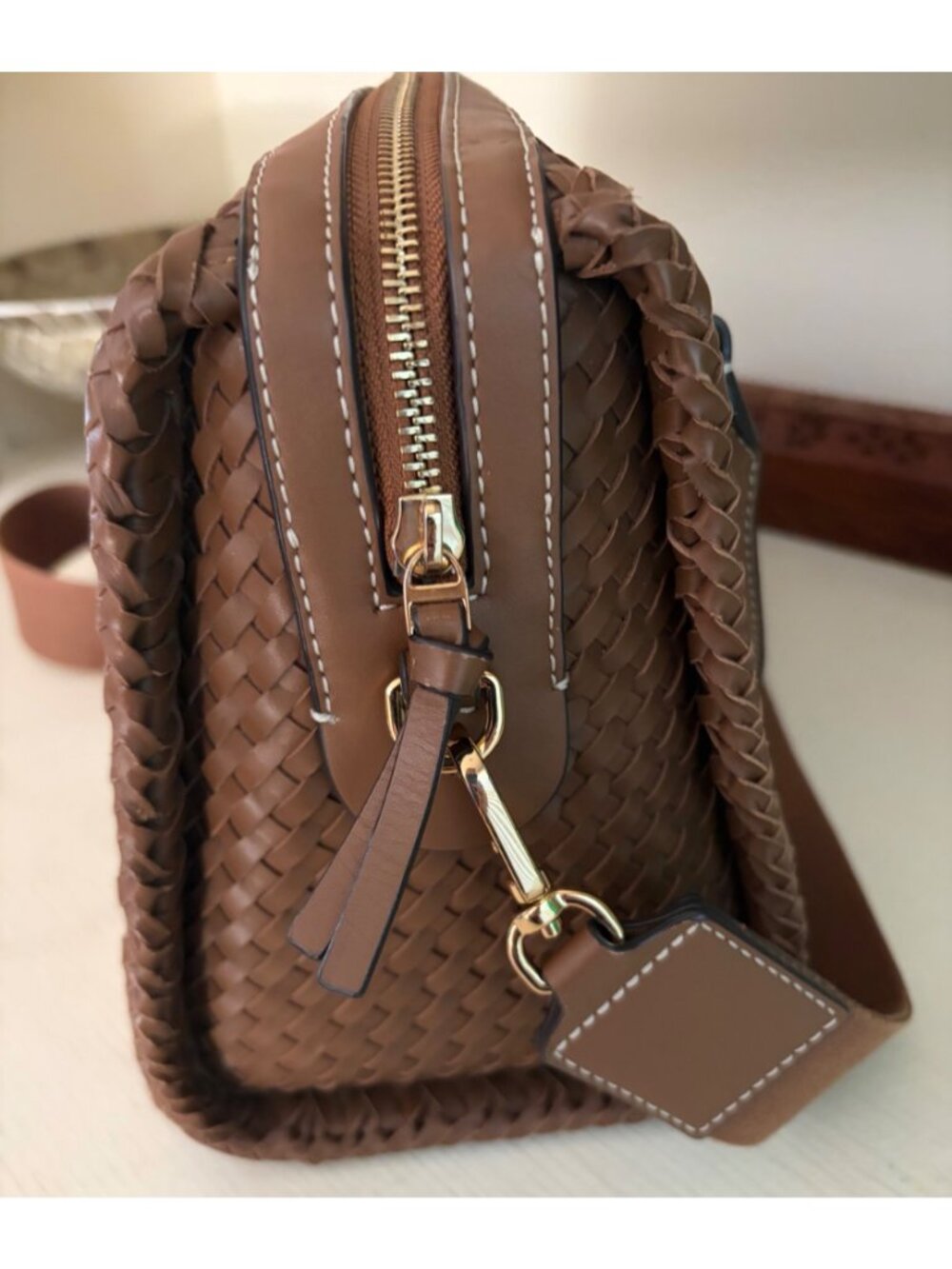 Tory Burch Thea Woven Leather McGraw Web Small Satchel Handbag Wide Crossbody Sh - Picture 6 of 16
